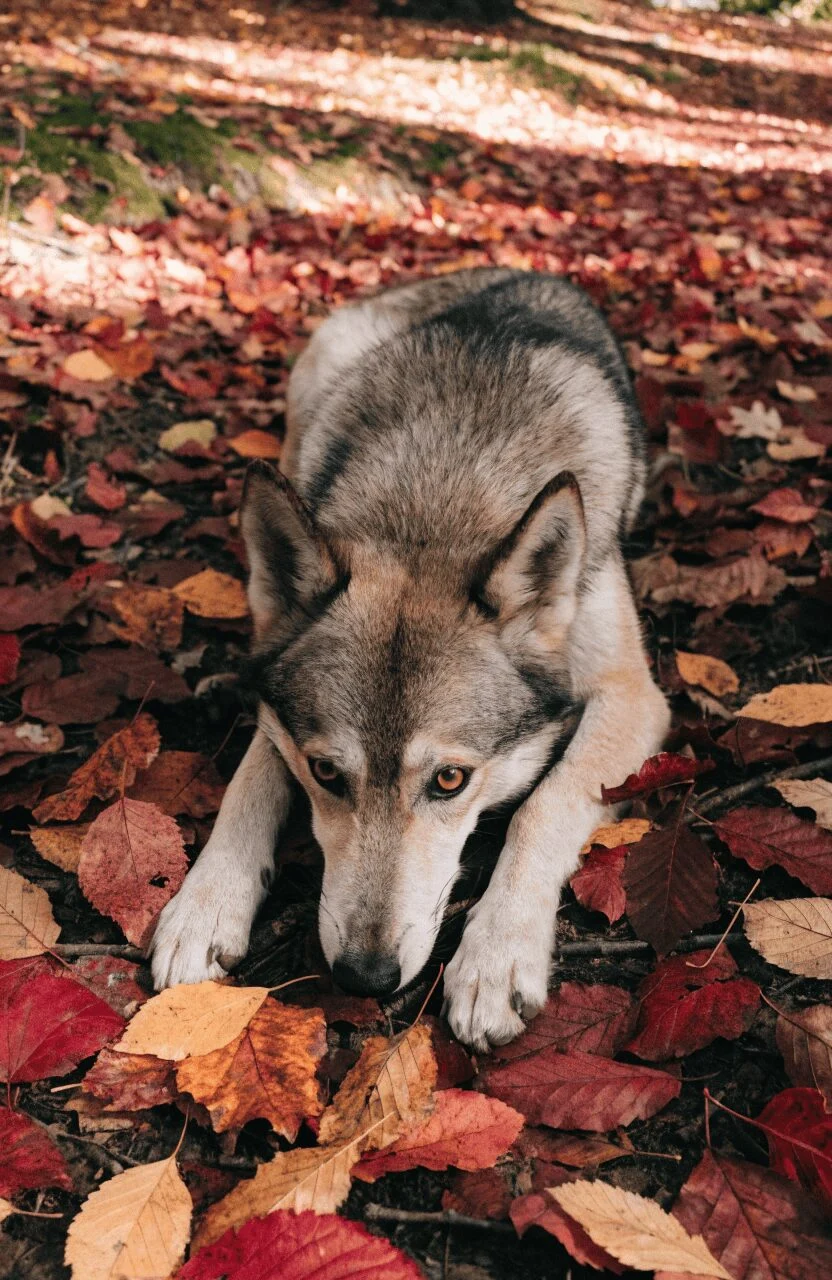 Tamaskan dog lying on autumn forest floor surrounded by fallen colored leaves