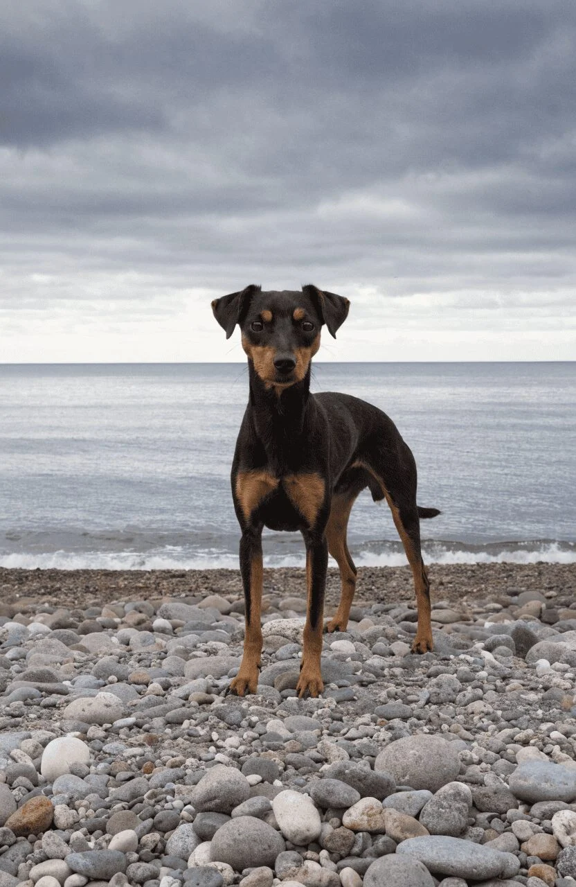Toy Manchester Terrier standing on pebble beach shoreline