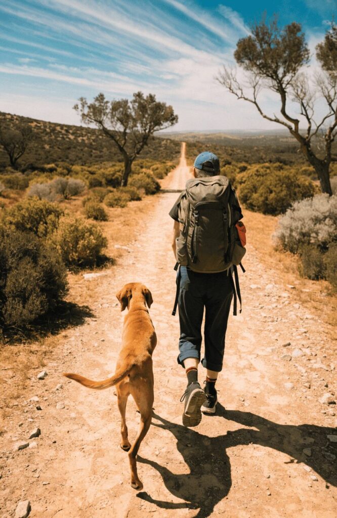 Vizsla walking in close heel position on a long open dusty trail showing owner bond and hiking stamina