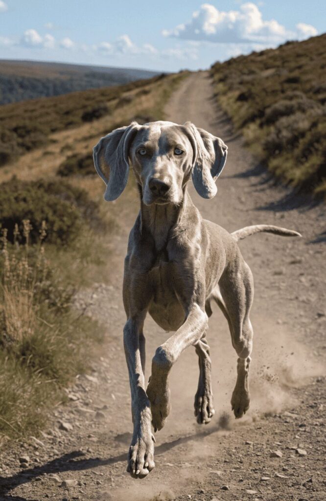 silver-gray Weimaraner running on a warm weather open trail showing lean athletic build and stamina