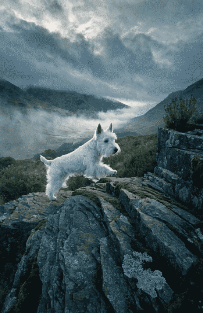 Westie dog with erect ears on rocky highland terrain