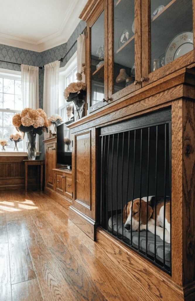 dog kennel built into a wooden TV unit in a cozy living room