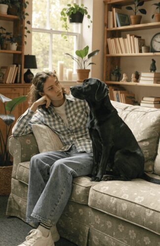 person sitting with a sleek black coated dog at home