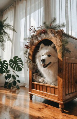 happy dog in decorated kennel lifestyle photo