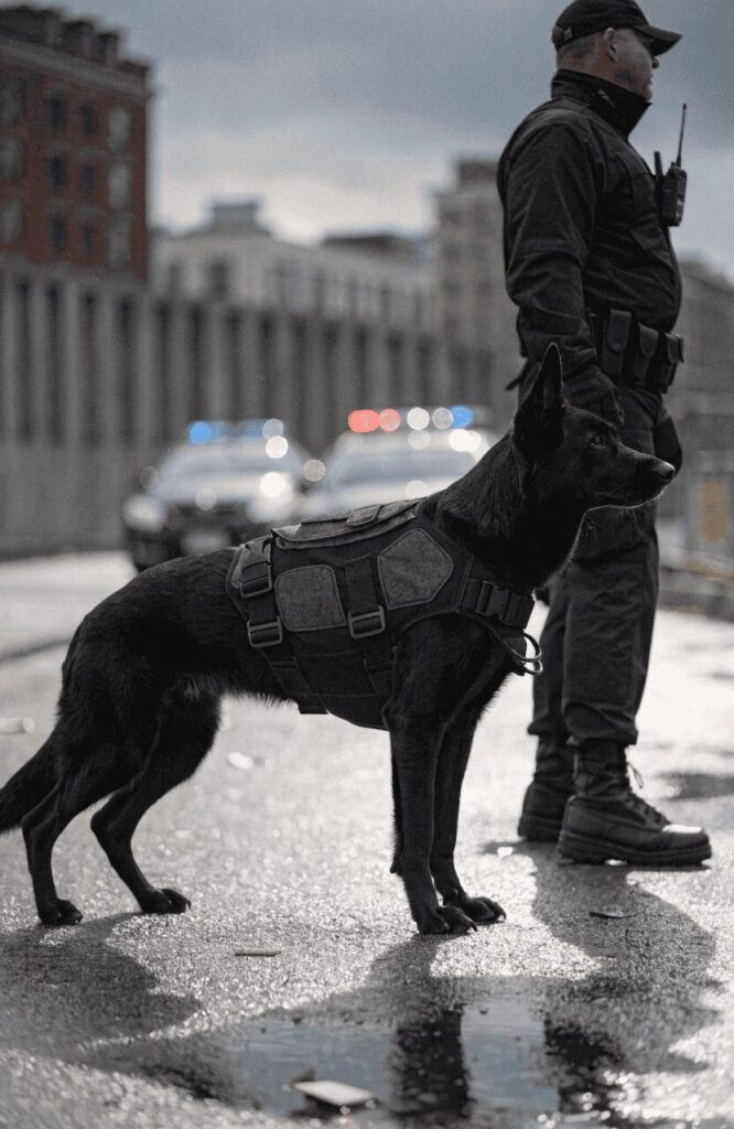 black GSD K9 police patrol working service real scene