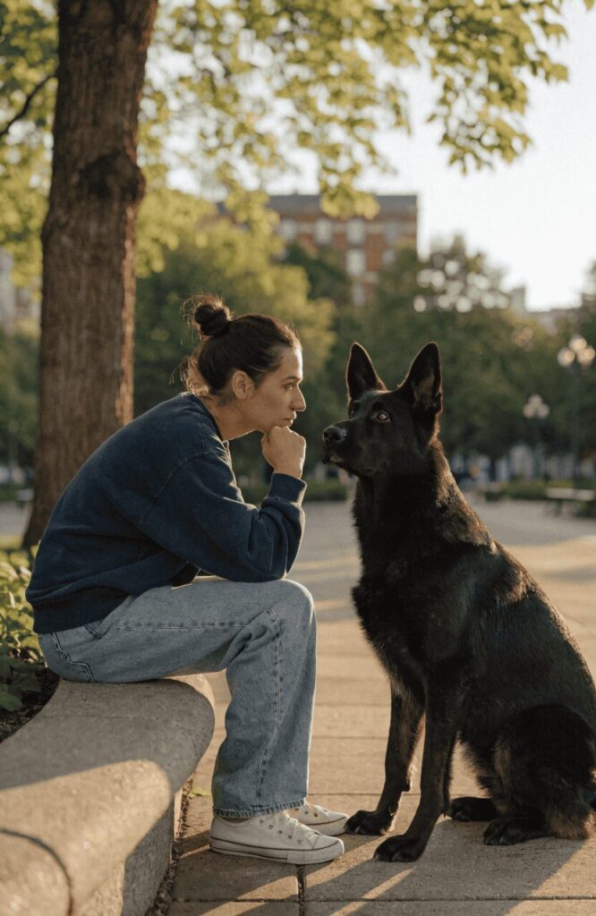 loyal intelligent GSD bonding with owner outdoors