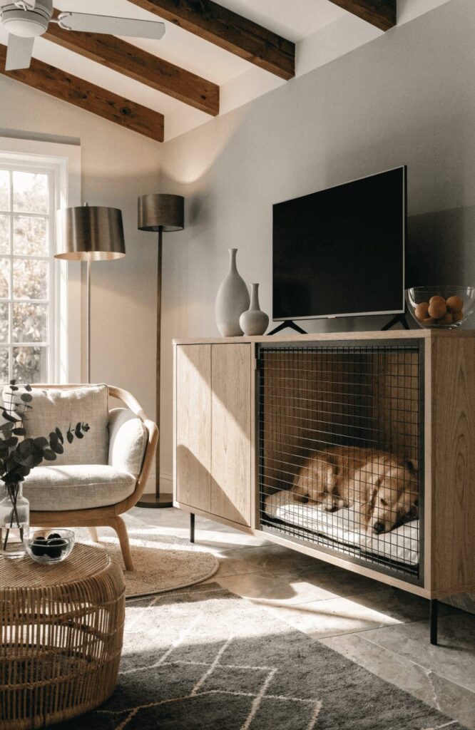 dog kennel built into entertainment center saving space in modern living room