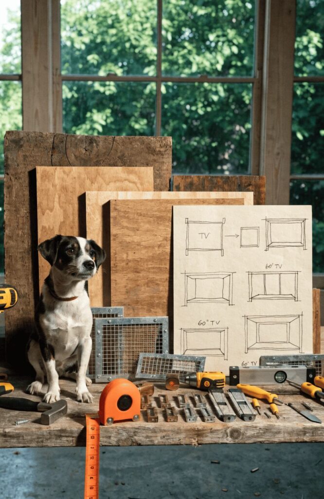 planning guide for dog kennel entertainment center showing dog size ventilation and material considerations