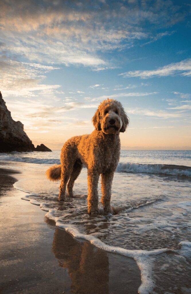 Goldendoodle large fluffy dog on beach