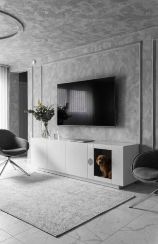 modern minimalist entertainment center with seamlessly integrated dog kennel and flat cabinet doors