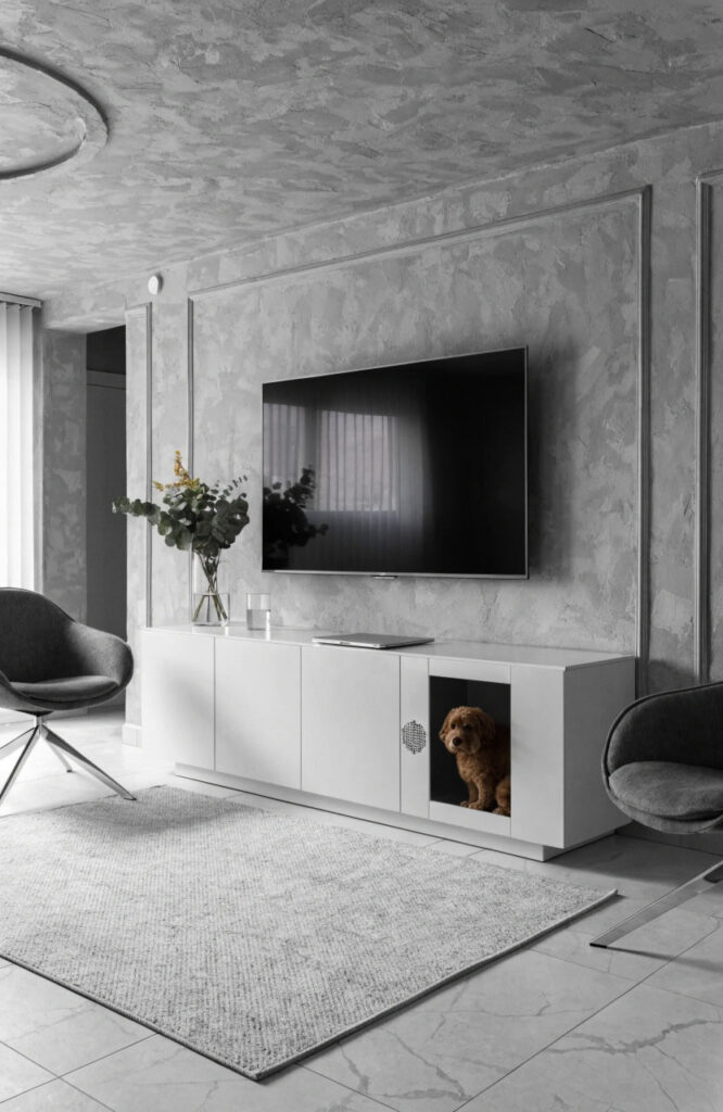 modern minimalist entertainment center with seamlessly integrated dog kennel and flat cabinet doors
