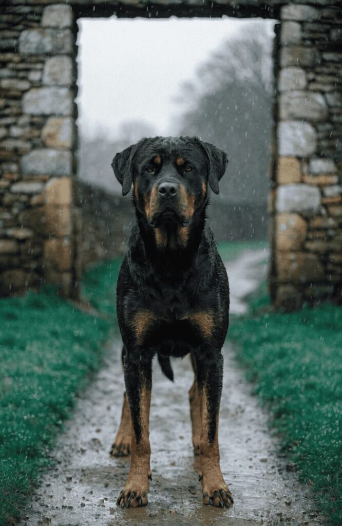 Rottweiler fearless calm guard dog at property entrance