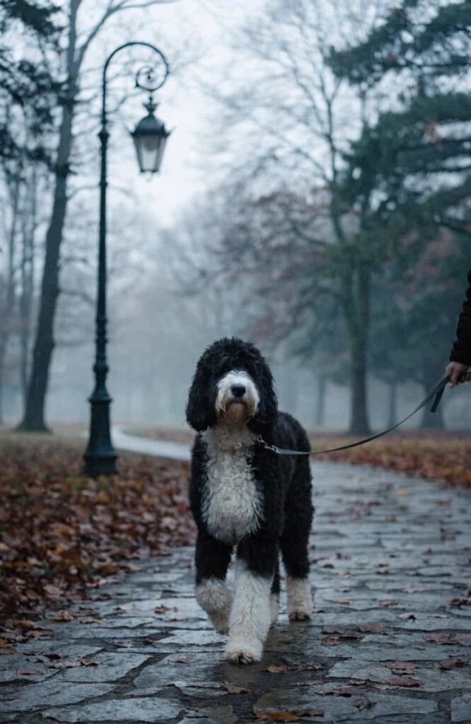 Sheepadoodle large fluffy black and white dog