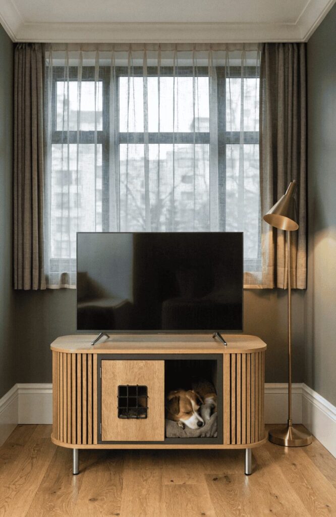 compact under-TV dog kennel entertainment center integrated into media console base