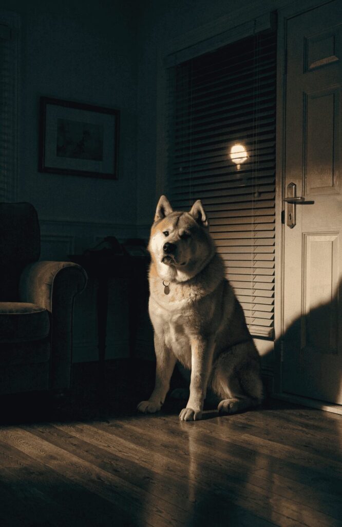 silent Akita guarding home interior at night