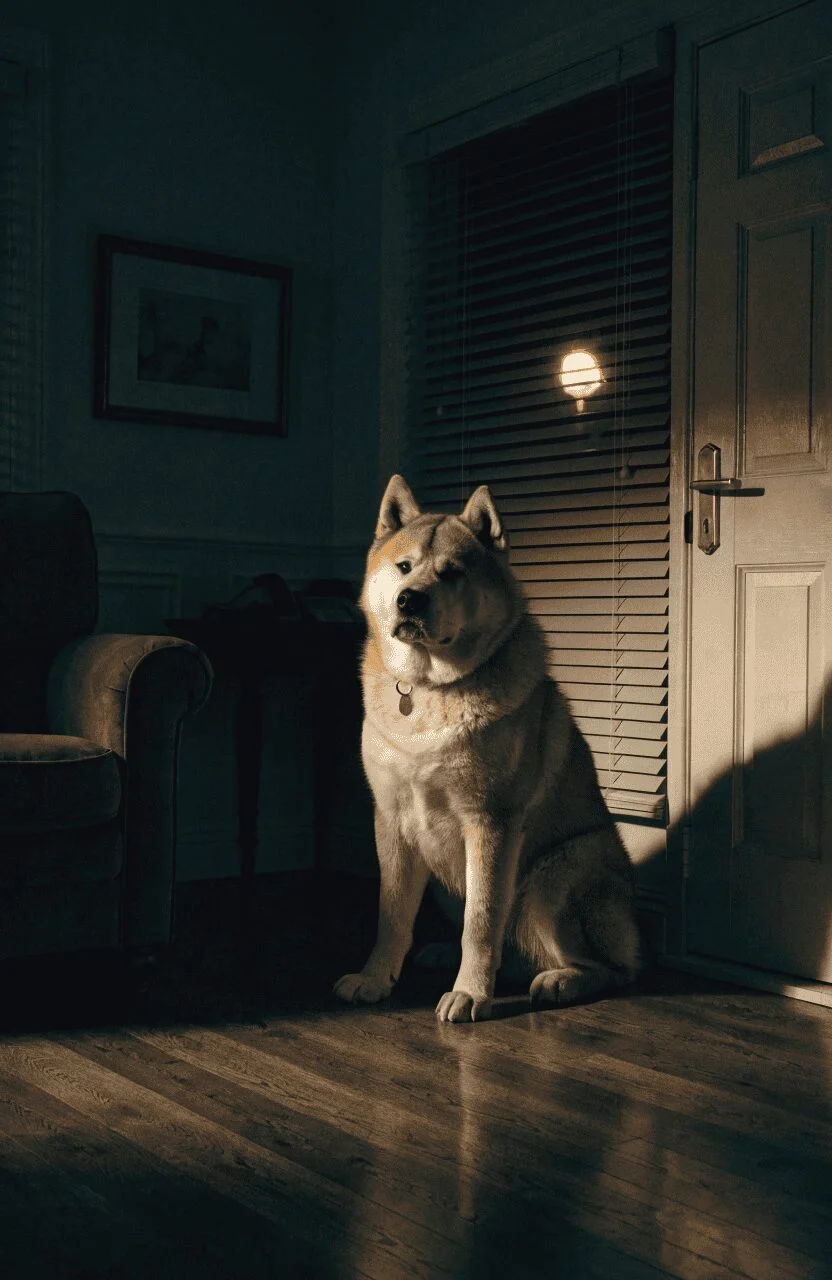 silent Akita guarding home interior at night
