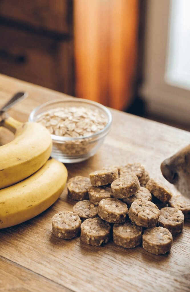 Banana oat treat balls for dogs arranged on a wooden table