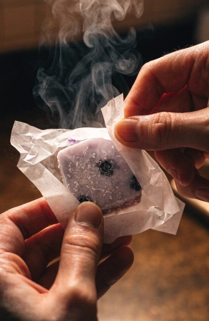 blueberry coconut yogurt frozen dog treat being unwrapped from parchment paper
