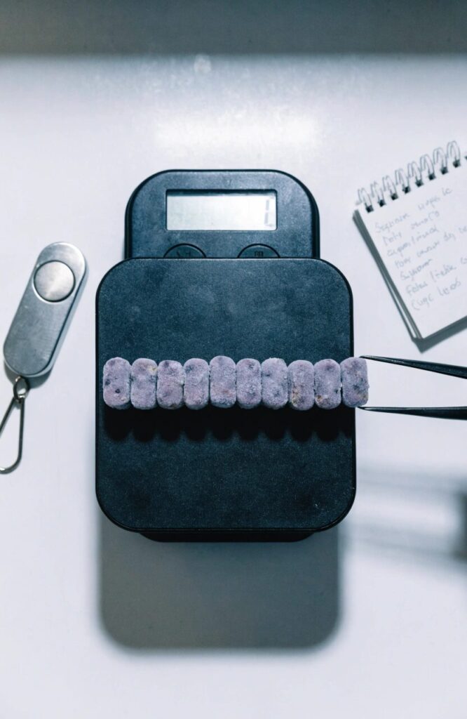 blueberry oat yogurt training bites measured by portion on kitchen scale