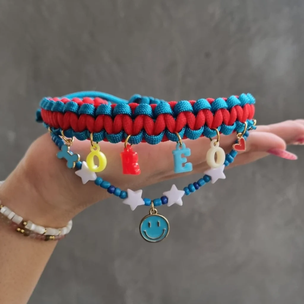 bold two tone braided dog collar with colorful name charms