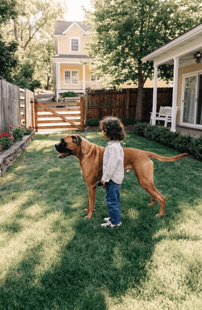 Boxer family-friendly guard dog with children in backyard
