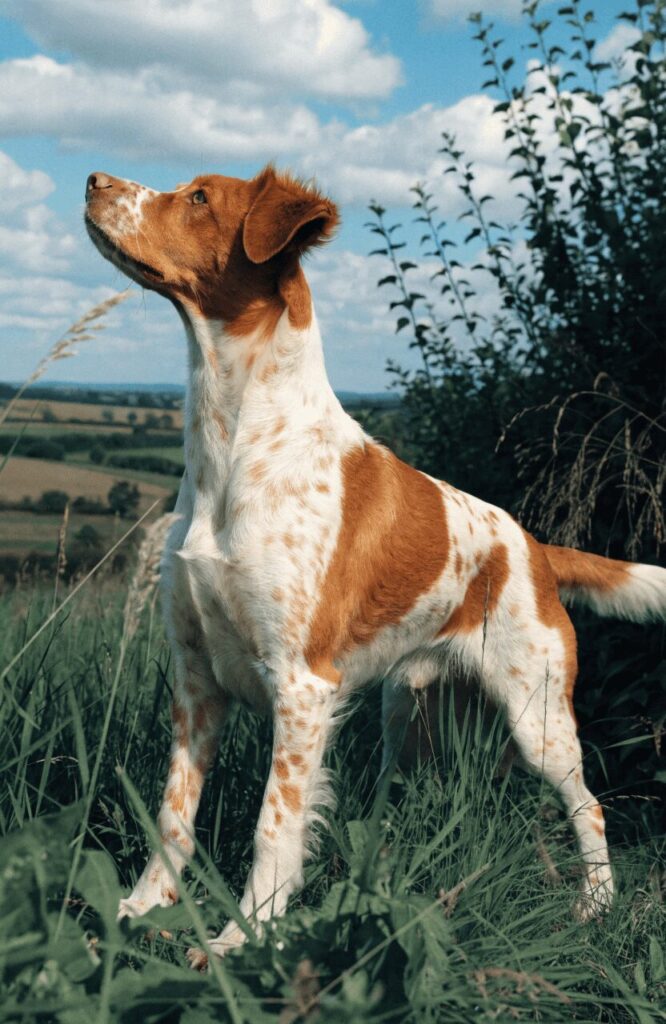 Brittany Spaniel hunting dog brown white