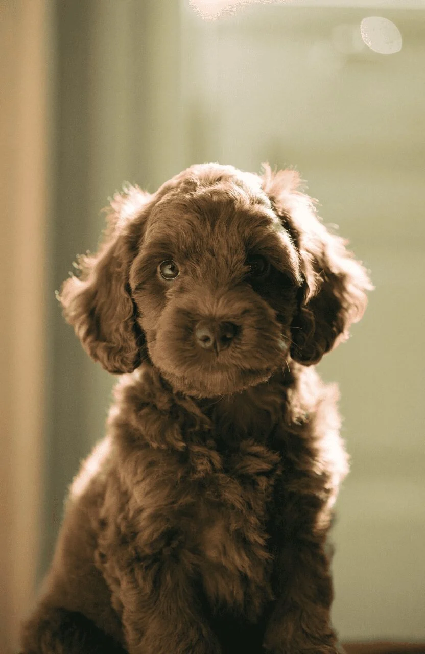 Cockapoo puppy with wavy chocolate brown coat