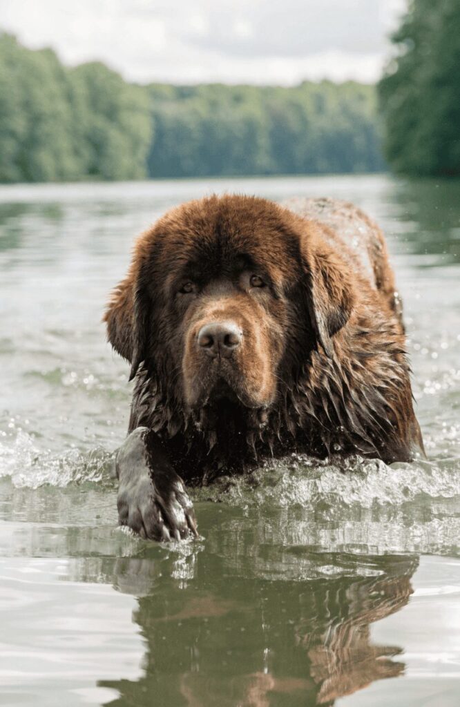 brown Newfoundland giant dog swimming in lake