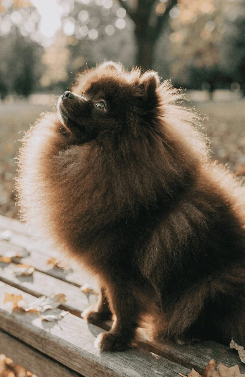 small fluffy brown Pomeranian sitting in autumn park
