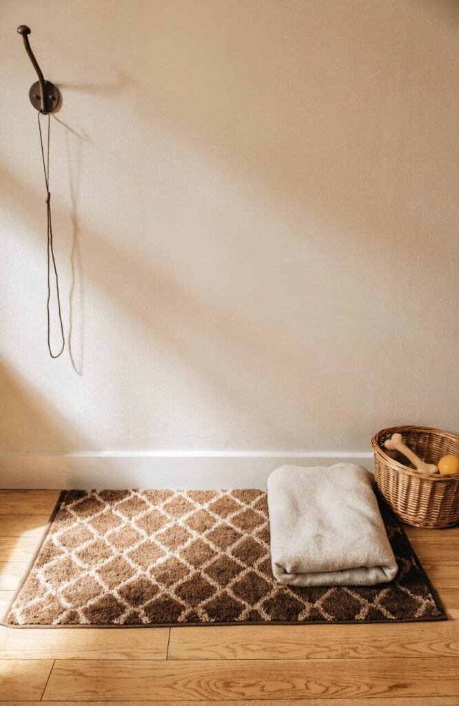 budget friendly dog corner with thrifted basket mat and wall hook