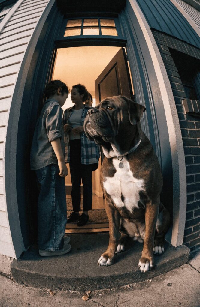 Bullmastiff calm family guard dog at front door