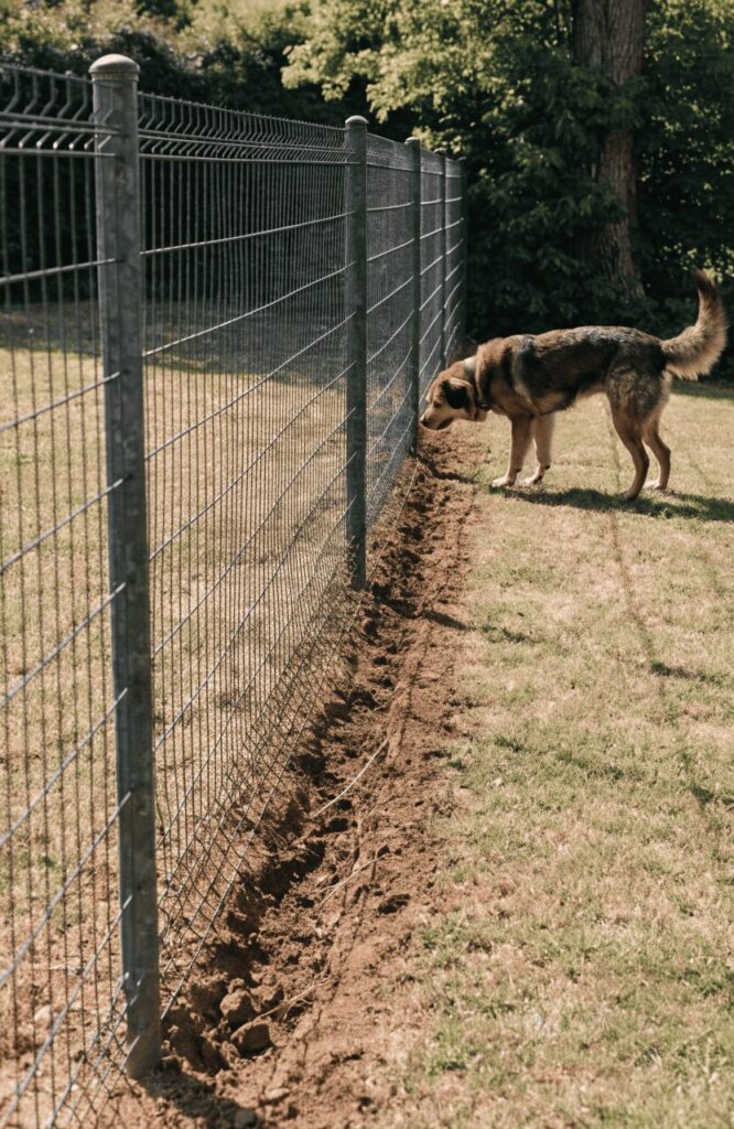 Buried mesh fence base view for large dog yards