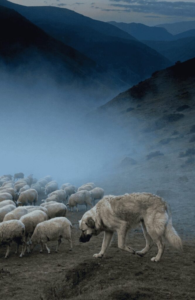 Caucasian Shepherd patrolling flock at dusk in mountain fog
