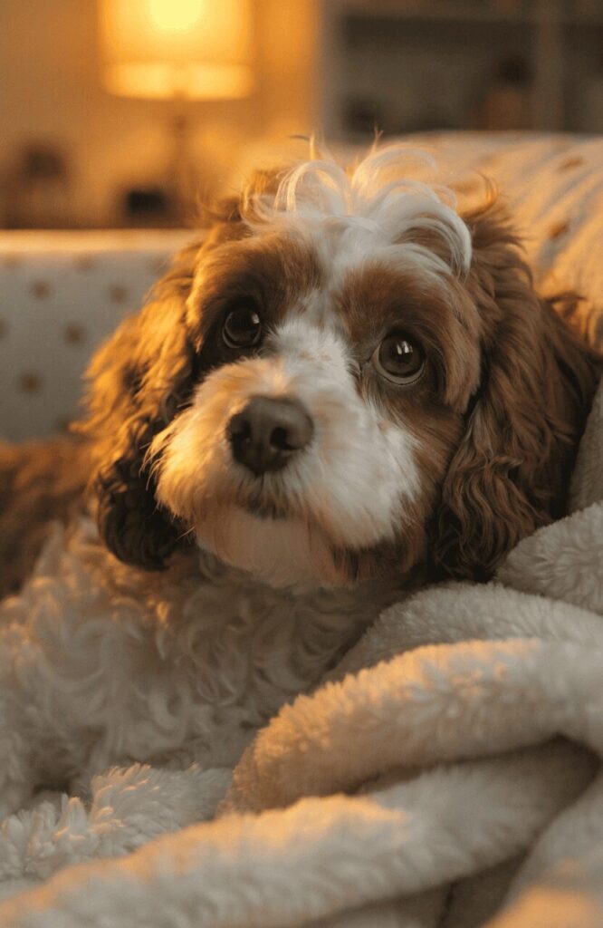 Cavapoo soulful eyes chestnut coat adorable mixed breed
