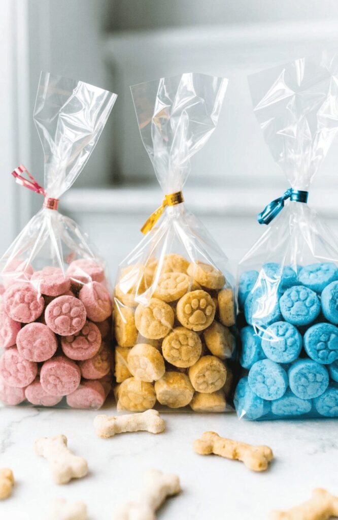transparent cellophane bag of dog treats sealed with a colorful twist tie