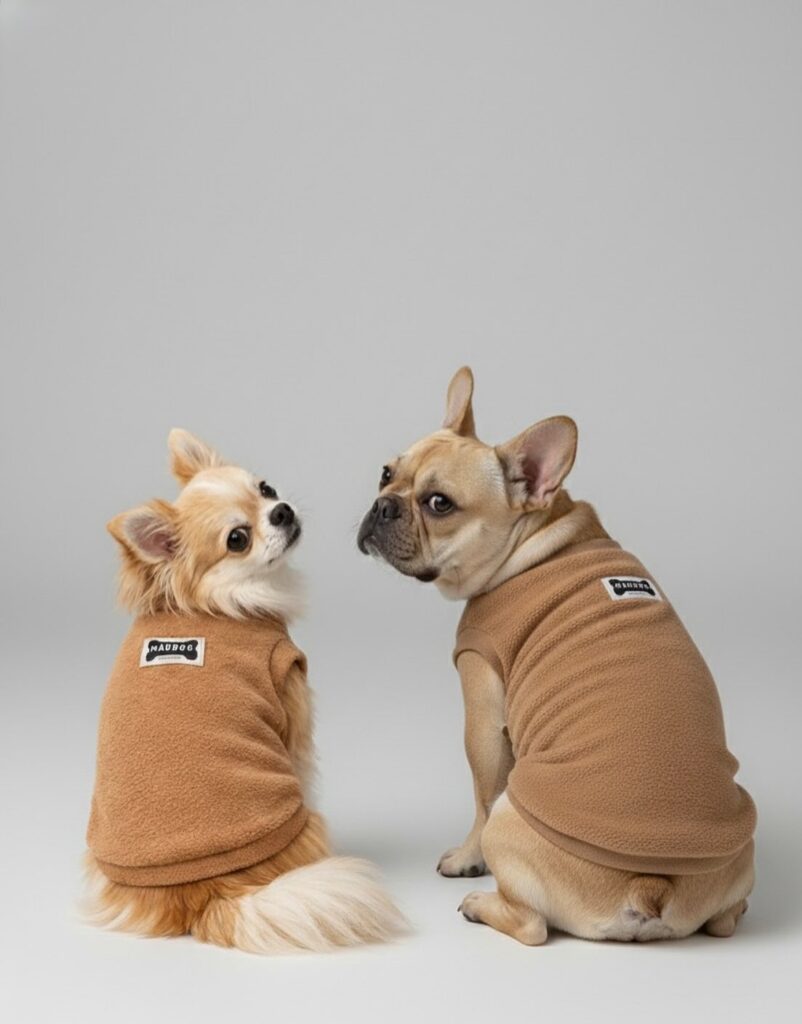 DIY dog jacket pattern: simple tan fleece pullover sweaters on two dogs