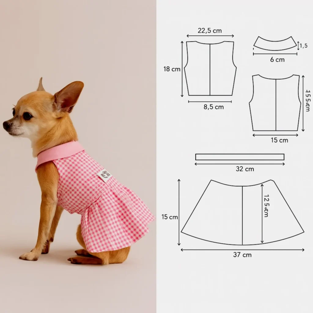 chihuahua wearing diy pink gingham dog dress beside sewing pattern pieces with measurements