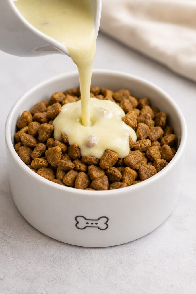 dog gravy recipe poured over dry dog food in a bowl