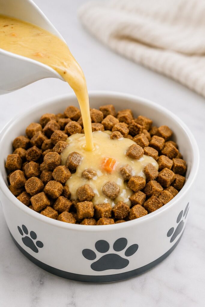 homemade dog gravy being poured over dry kibble