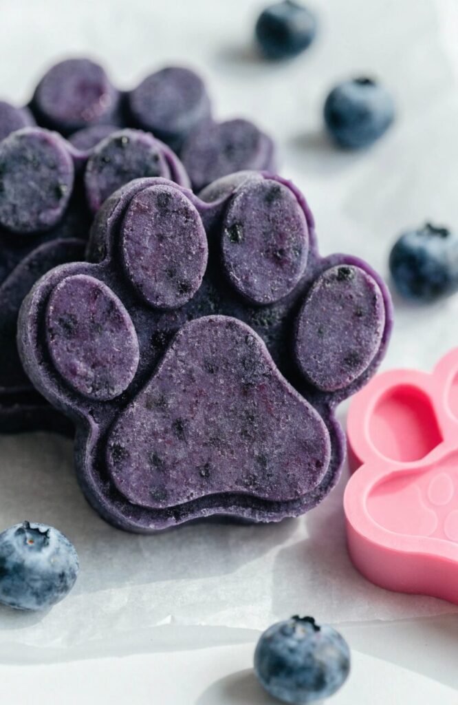 classic frozen blueberry yogurt dog treats in paw shaped silicone mold