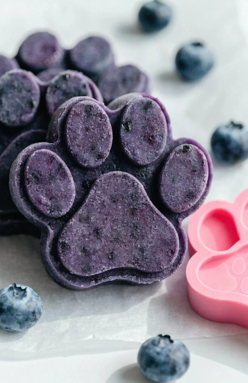 classic frozen blueberry yogurt dog treats in paw shaped silicone mold