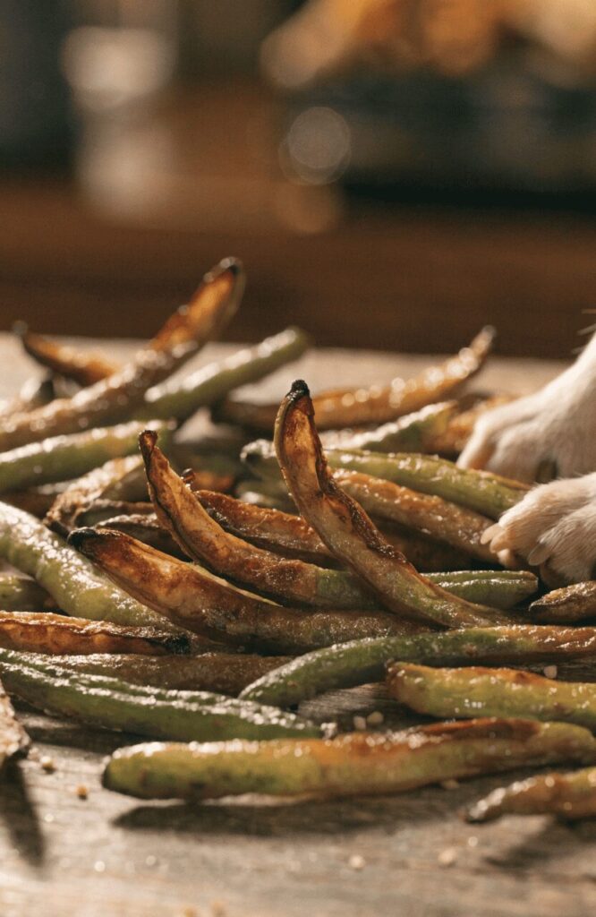 classic oven baked green bean crunchies for dogs on baking sheet