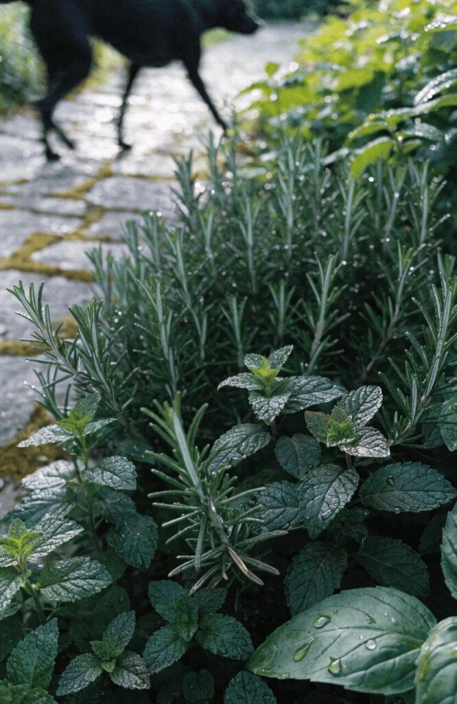 detailed close up of rosemary and mint herb border for a dog garden