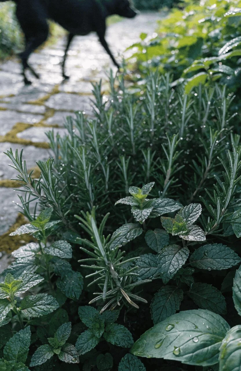 detailed close up of rosemary and mint herb border for a dog garden
