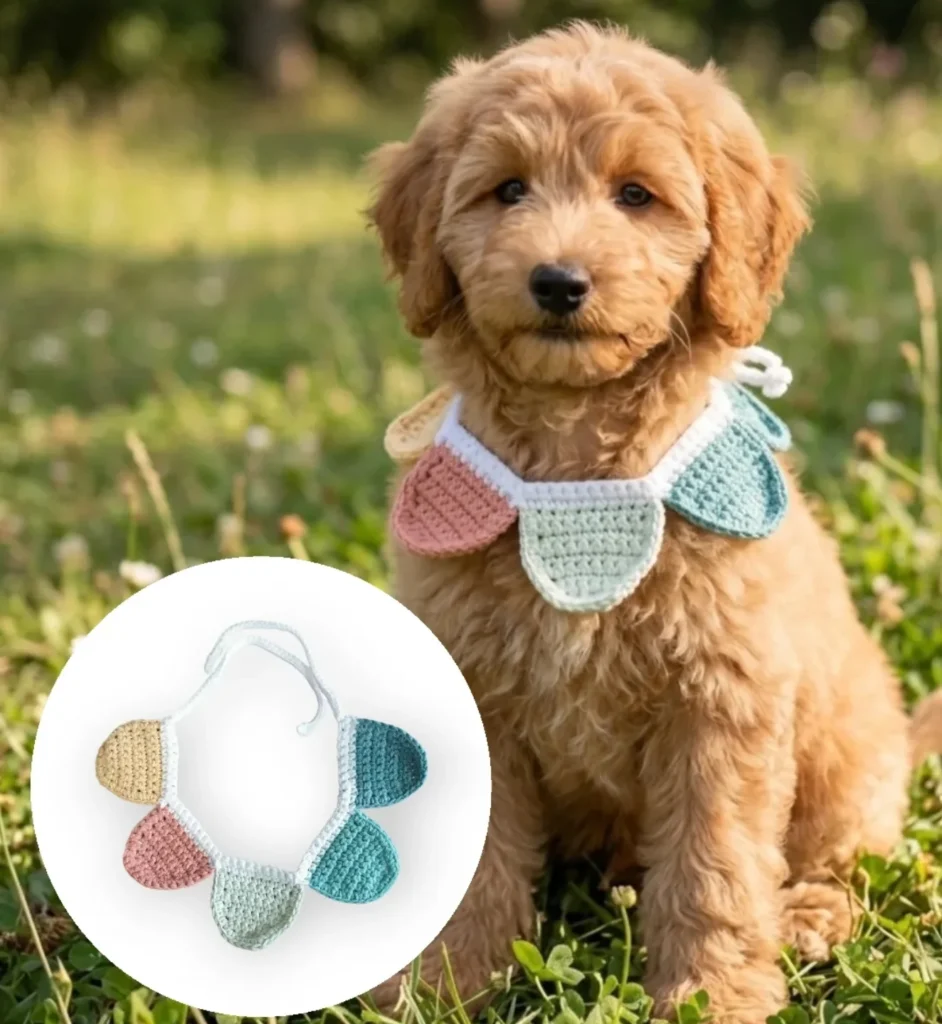 colorblock geometric petal bandana on a fluffy golden Goldendoodle puppy