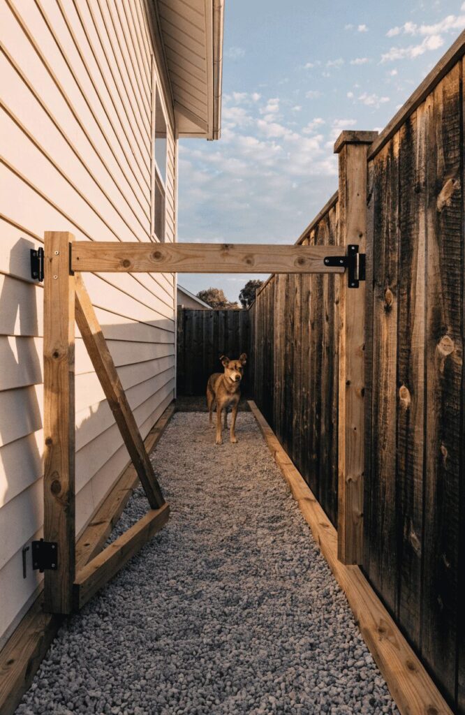Finished pea gravel and timber frame dog run built along a house side yard