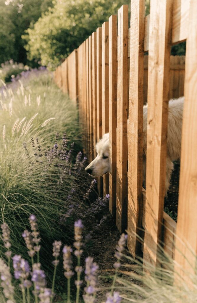 Garden-style dog run with dog-safe flowering plants and natural wood fencing