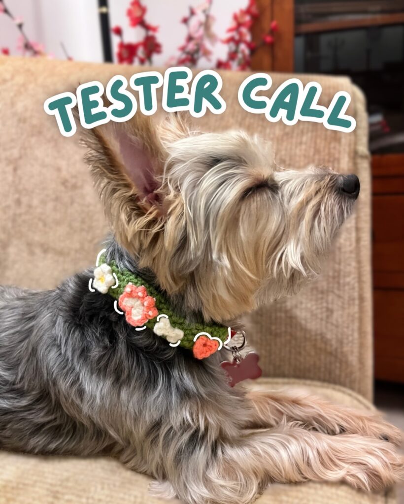 crochet dog collar sleeve with flower paw and bone charm appliqués