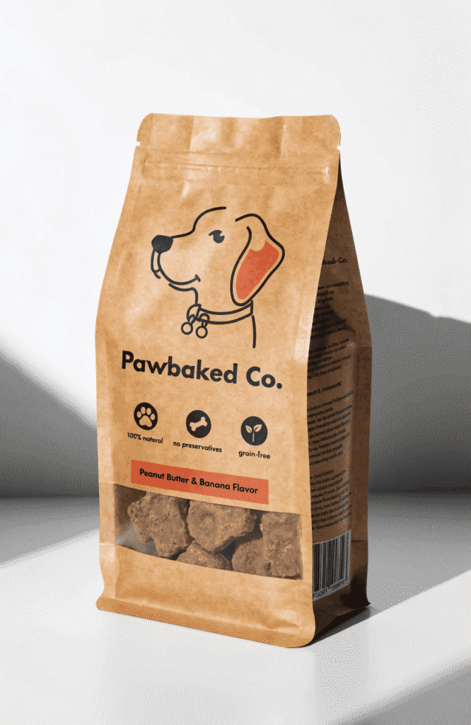 custom printed flat bottom kraft bag with brand logo and dog treat label