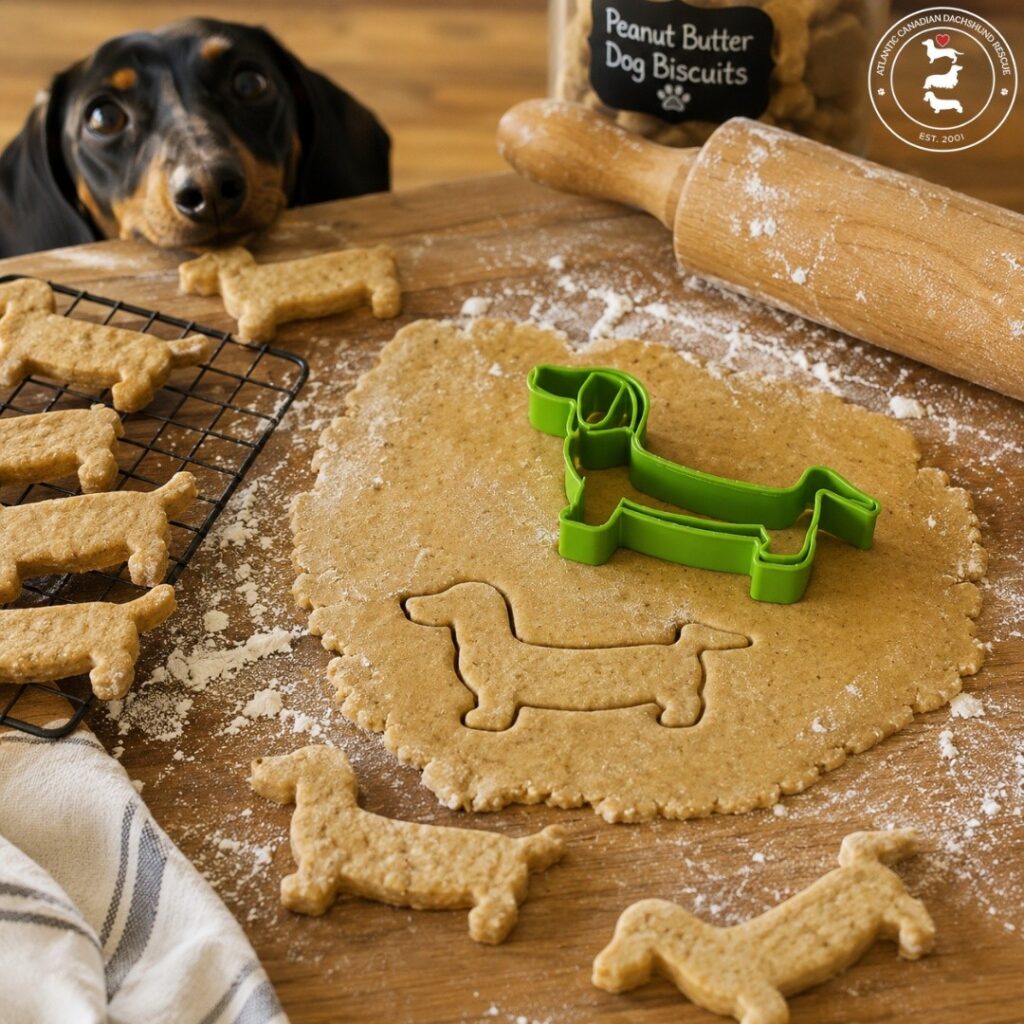Dachshund shaped peanut butter dog biscuits dough cutting